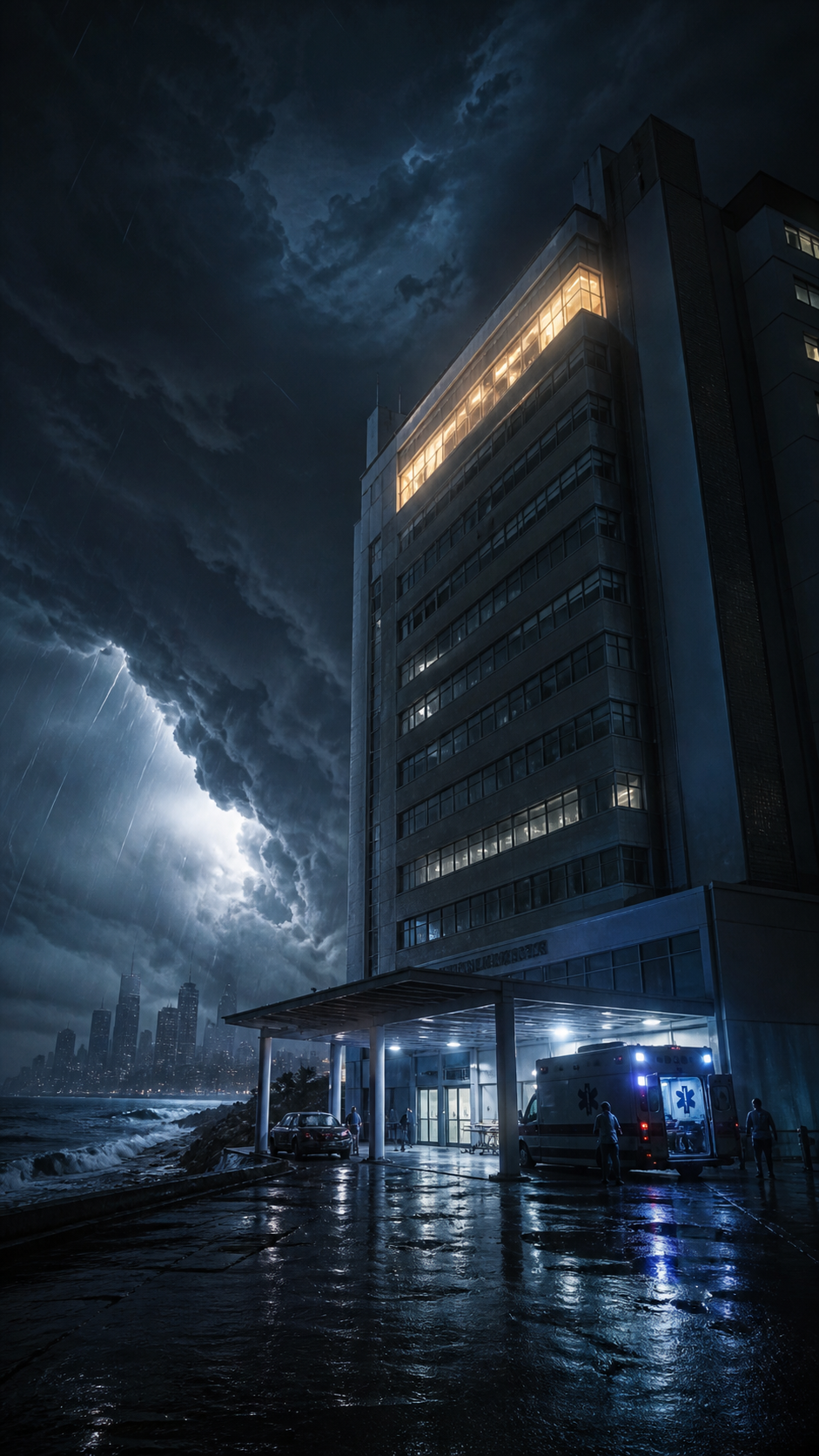 A hospital glowing through a grid failure