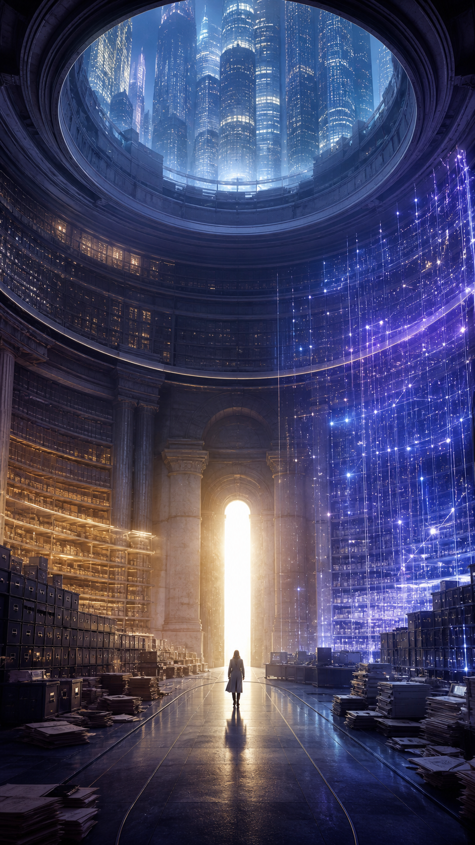 A researcher enters a glowing archive
