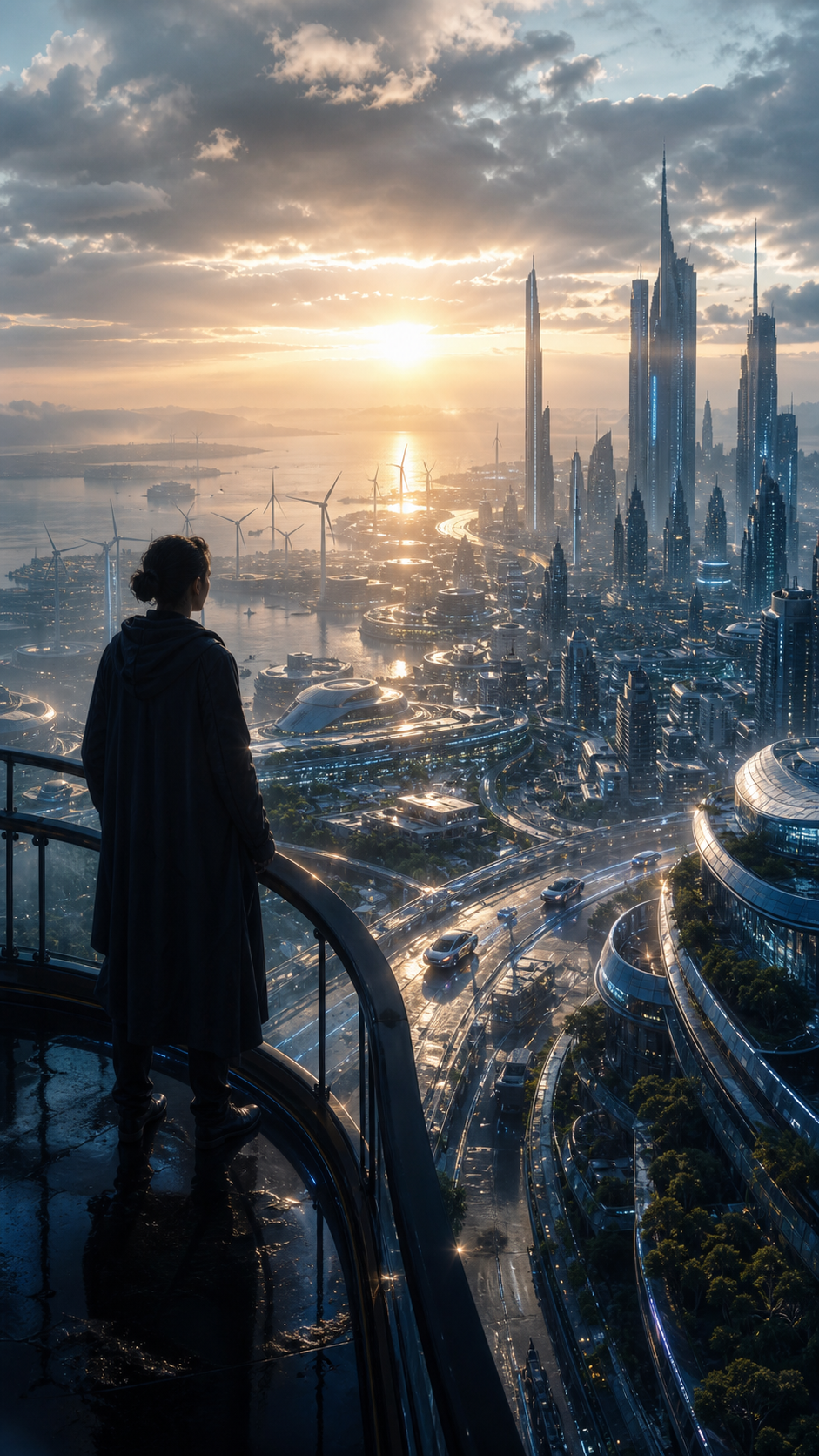 Dawn over a restored future city